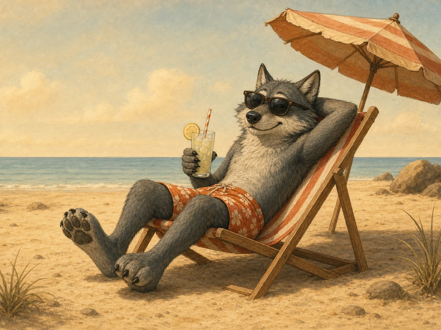 Ein entspannter Wolf macht im Liegestuhl Urlaub am Strand.